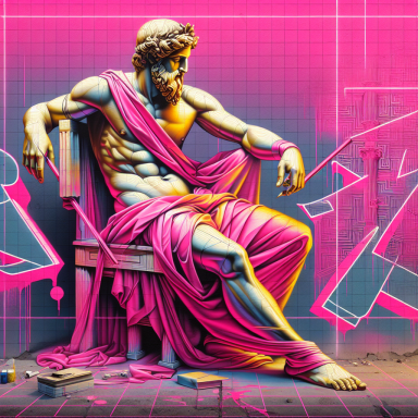 Sitzende Statue von Zeus in lebhaften Farben, umgeben von geometrischen Mustern.