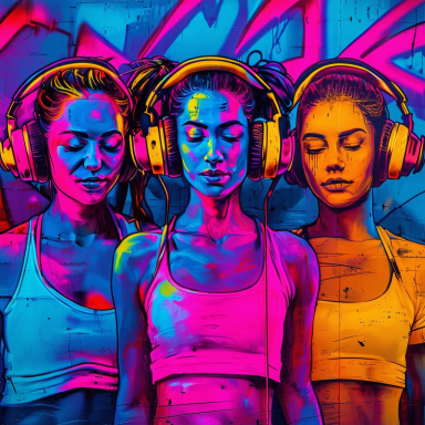 Drei Frauen mit Kopfhörern in leuchtenden Farben vor einer Graffiti-Wand.