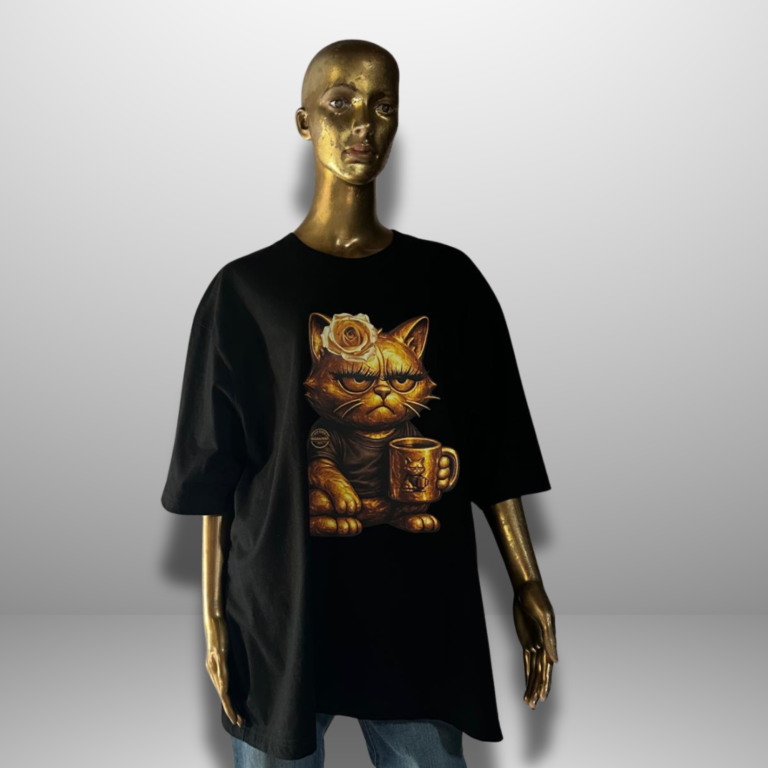 Schwarzes T-Shirt mit goldenem Druck eines katzenartigen Königs und dem Schriftzug „CHAOS DELUXE“.