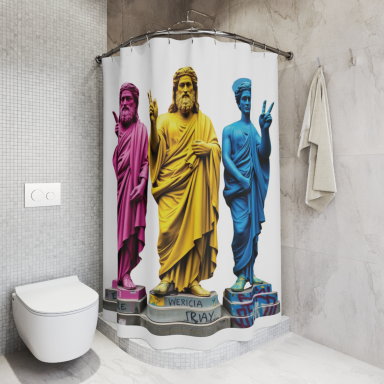 Bunte Duschvorhang mit stilisierten Statuen in Pink, Gelb und Blau.