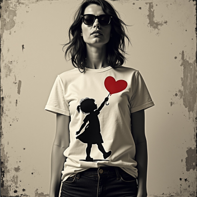 Frau mit Sonnenbrille trägt T-Shirt mit Grafik eines Mädchens, das ein Herz hält.