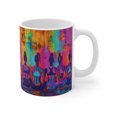 Bunte Tasse mit abstraktem Muster von schlafenden Figuren in verschiedenen Farben.