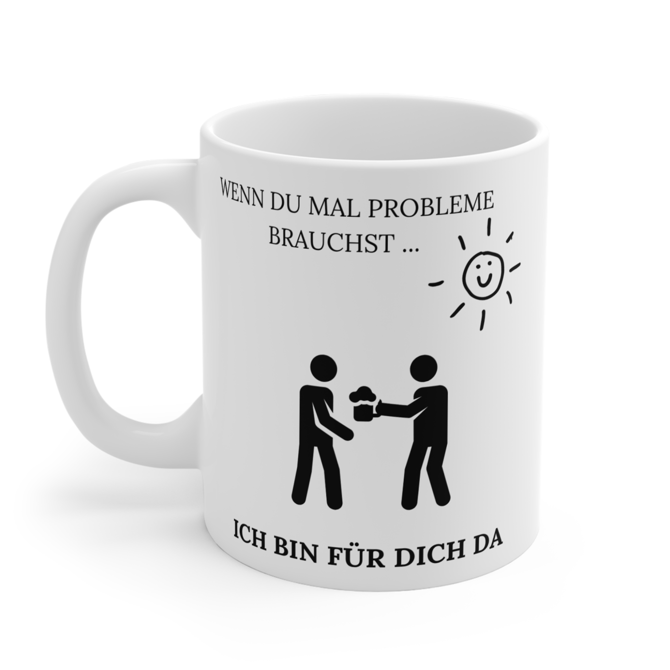 Weiße Tasse mit der Aufschrift: "Ich bin für dich da" und symbolischen Figuren.