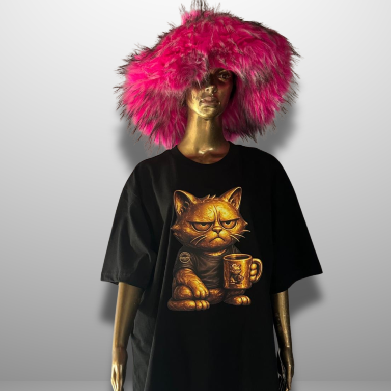 Schaufensterpuppe in schwarzem Shirt mit einer Katze und pinkem, plüschigem Hut.