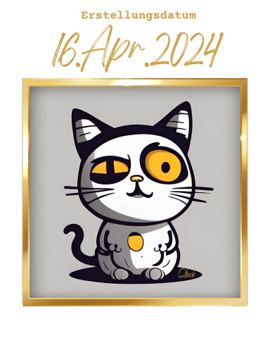 Cartoonhafte Katze mit gelben Augen und goldenem Halsband, Datum: 16. April 2024.
