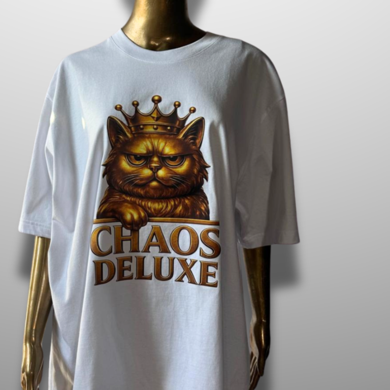 Tasse mit goldfarbigem Rand und dem Aufdruck "Overthinking King" und einer Krone.