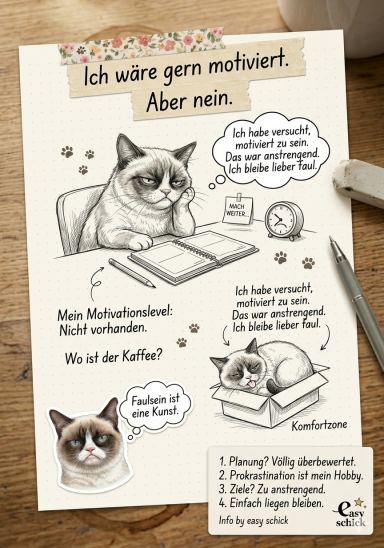 Eine humorvolle Zeichnung mit einer grimmig schauenden Katze am Schreibtisch.