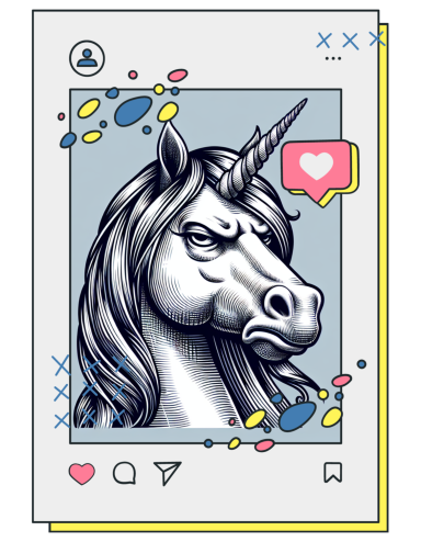 Illustration eines Unicorn-Kopfes mit sozialen Medien-Elementen und bunten Akzenten.