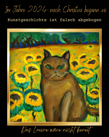 Katze vor Sonnenblumen mit künstlerischem, buntem Hintergrund. Text oben und unten.